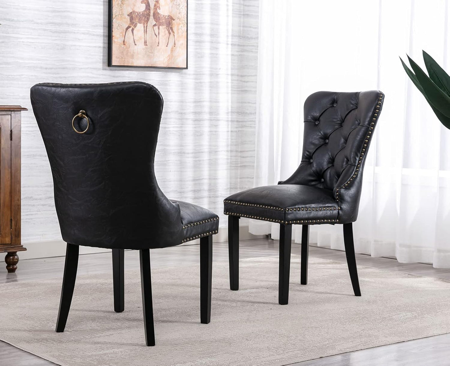 Black Leather Dining Chairs Set of 2 Mid Century Modern Tufted Chairs Armless Rubber Wood PU Vintage Furniture Chairs Upholstered Nailhead Side Chair with Pull Ring for Kitchen/Cafe