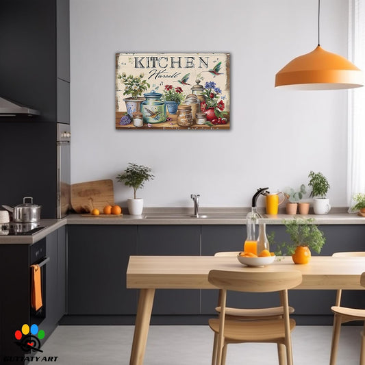 GUTTATY Farmhouse Wall Art Rustic Kitchen Decor, Ready to Hang Kitchen Canvas Print Colorful Flowers And Bird,Vintage Posters Prints for Dinning Room Home Kitchen Restaurant Painting 24×36 Inch