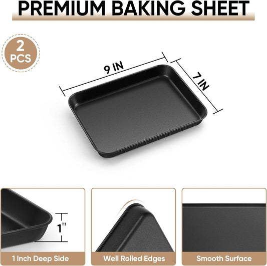 E-far Baking Sheet Set of 2, 9" x 7" x 1" Small Cookie Sheet Pan for Baking, Nonstick Carbon Steel Baking Trays for Toaster Oven, Heat-Resistant & Easy Clean, Black