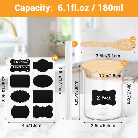 Glass Jar with Bamboo Lids and Spoons - 2 Pack 6 Fl.oz Airtight Round Glass Pantry Containers Set, Includes Labels and Marker, Food Storage Canisters for kitchen for Spice, Coffee, Sugar, Tea