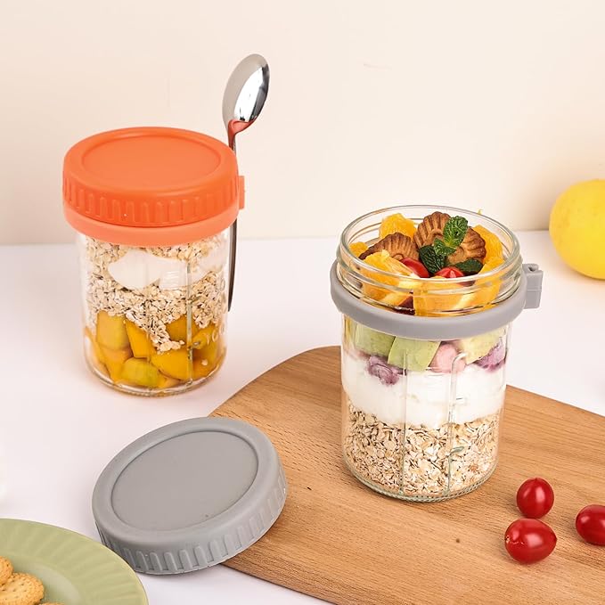 YUNCANG 6 Pack 16oz Overnight Oats Containers with Lids and Spoons, Glass Mason Overnight Oats Jars, Large Capacity Airtight Jars for Milk, Cereal, Fruit