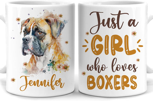 Hyturtle Personalized Gifts Boxer Lover - Just A Girl Who Loves Boxers Custom Name Ceramic Coffee Mug Cup 11oz - Idea Cute Dog Lover Gifts For Women, Girl Daughter On Birthday, Christmas