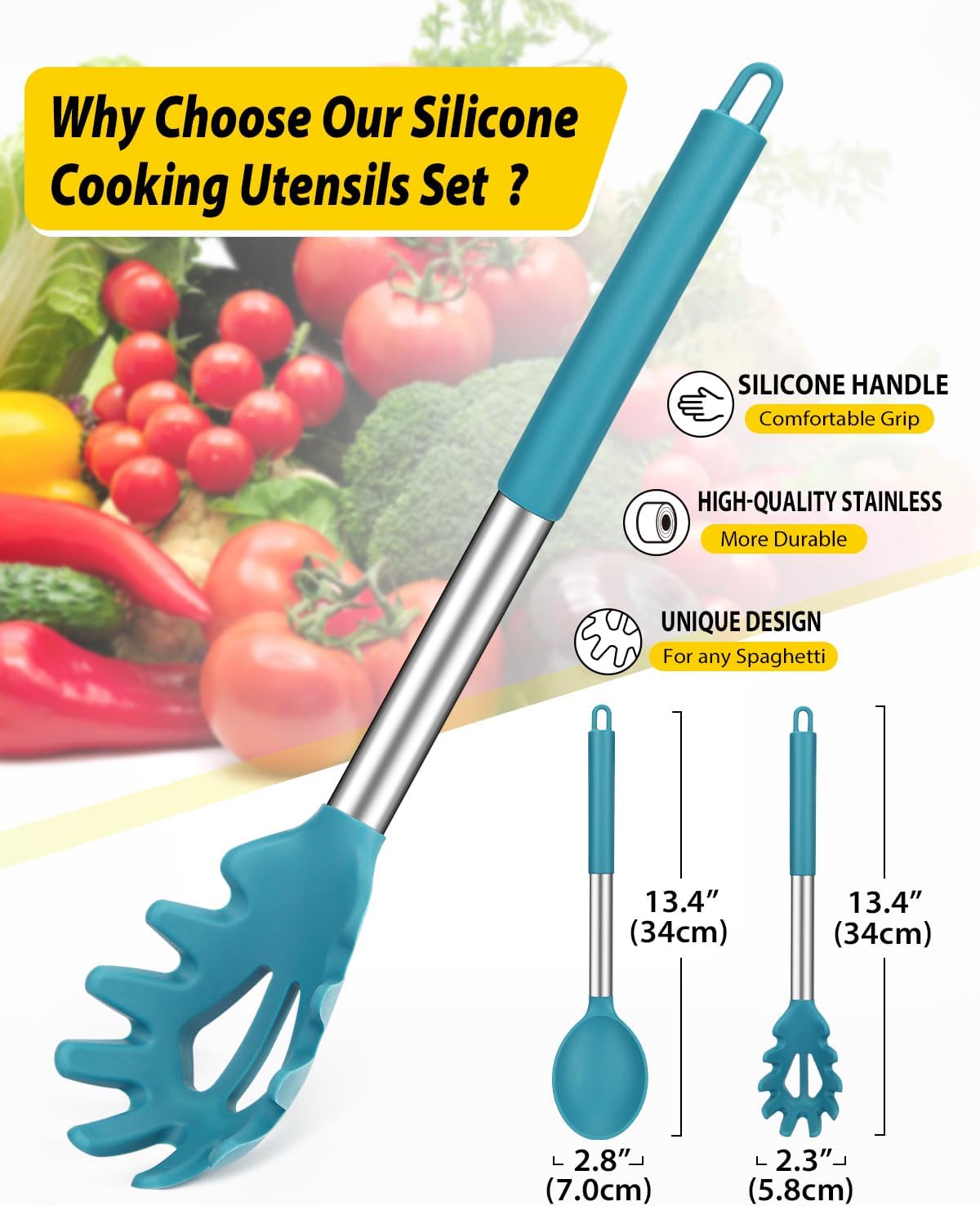 Silicone Pasta Fork and Cooking Spoon Set, Non Stick Kitchen Utensils for Cooking,Stirring,Serving Spaghetti, Soup, Sauce (BLUE)