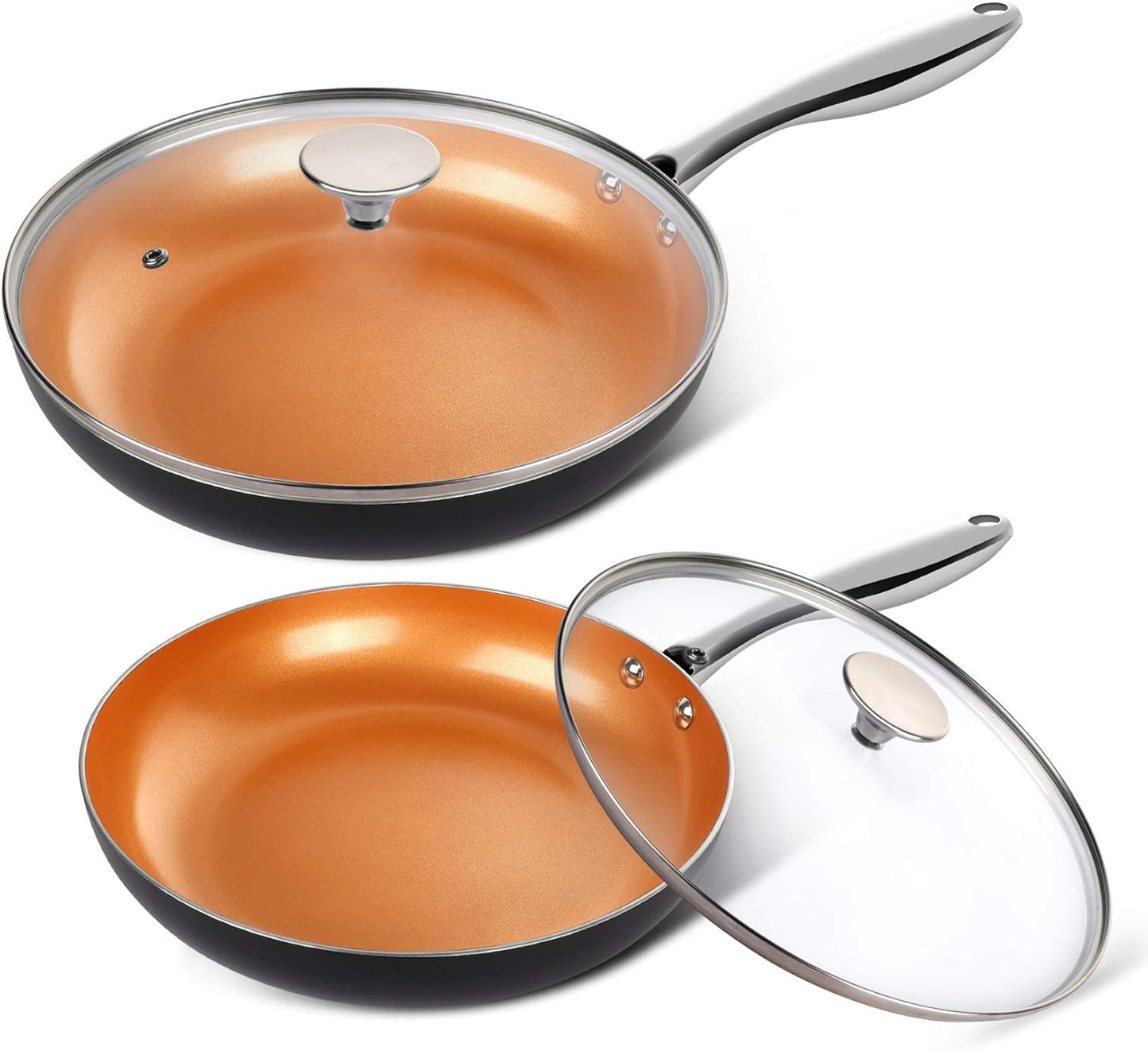 MICHELANGELO Copper Frying Pan Set with Lid, 8" & 10" Nonstick Skillets with Lids, Non Stick Frying Pans Set, Ceramic Non Toxic Fry Pans, Induction Compatible
