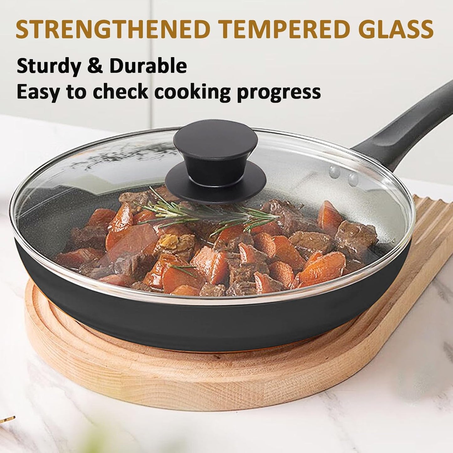 Glass Lid for 11 Inch Cast Iron Skillets Frying Pans, 28cm Tempered Lids for Dutch Ovens, 11In Pan Cover with Stainless Steel Rim for Stock Pots, Heat Resistant Handle, Dishwasher Safe