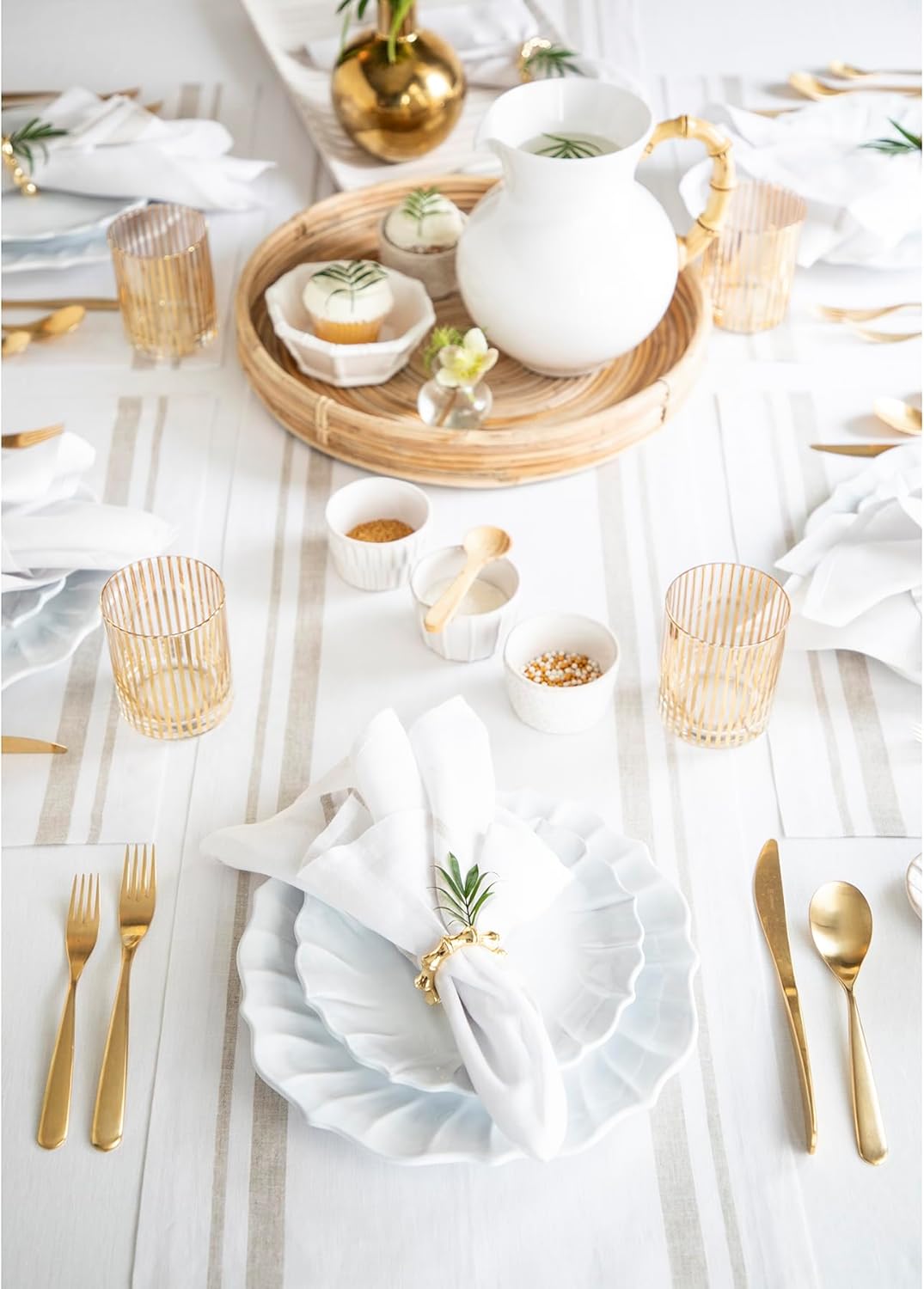 Solino Home Linen Table Runner 144 Inches Long - 100% Pure Linen Natural and White French Stripe Table Runner 14 x 144 Inch for Dining, Thanksgiving