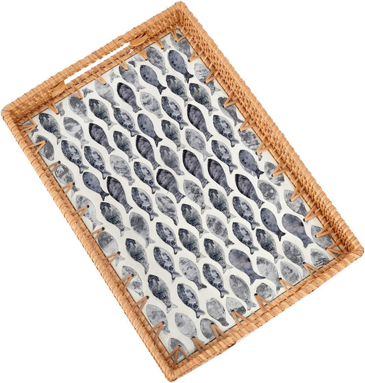 Rectangle Rattan Tray with Mother of Pearl Inlay, Rattan Serving Tray with Handle for Coffee, Bread, Fruits, Snacks, Decorative Wicker Tray for Table Decor (Rectangle Dark Blue Fish, 13"×9")