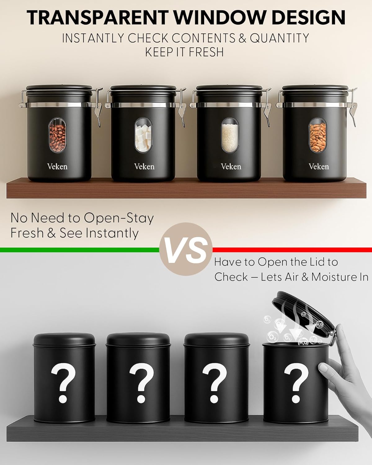 Veken Coffee Canister with Window,Airtight Stainless Steel Container,Home Kitchen Food Storage Organizers for Grounds,Beans,Espresso,Rice,Tea,Sugar,Cereal, Flour,Scoop,Bar Accessories,Gifts,22OZ,Black