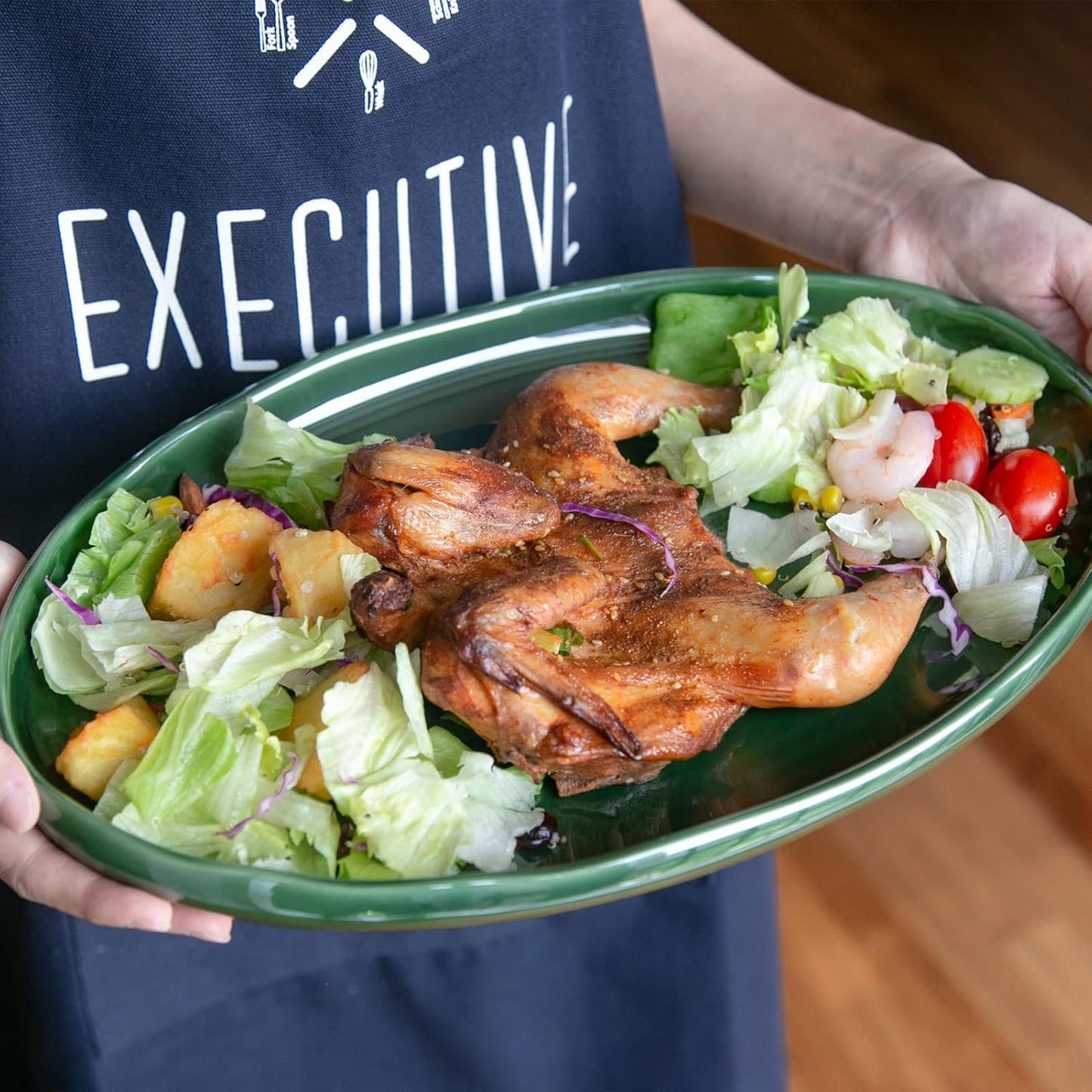 vicrays Ceramic Serving Platter Tray - Extra Large Oval 14.5 Inch Porcelain Dinner Plates Long Serving Dish Set - for Party Restaurant Food Meat Sushi Fish Turkey Platter - Green