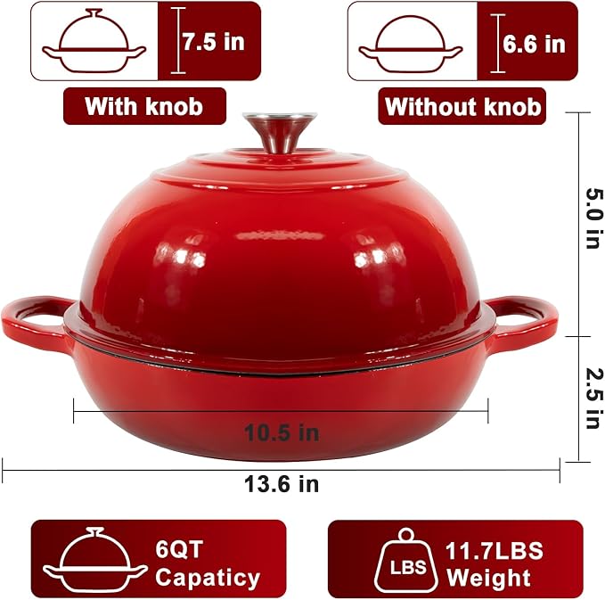 AHJ 6QT Dutch Oven For Bread Baking, Enameled Cast Iron Dutch Oven Pot with Lid, Multi-Functional Bread pan, Sourdough Baking Supplies with Proofing Basket, Cast Iron Bread Oven, Silicone Sling & Gloves.