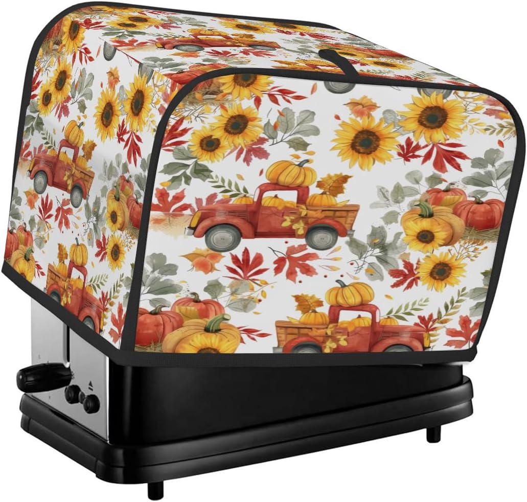 2 Slice Fall Toaster Cover,Thanksgiving Farm Truck Sunflower Small Kitchen Appliance Bread Machine Cover with Pockets,Dust & Fingerprint Protection