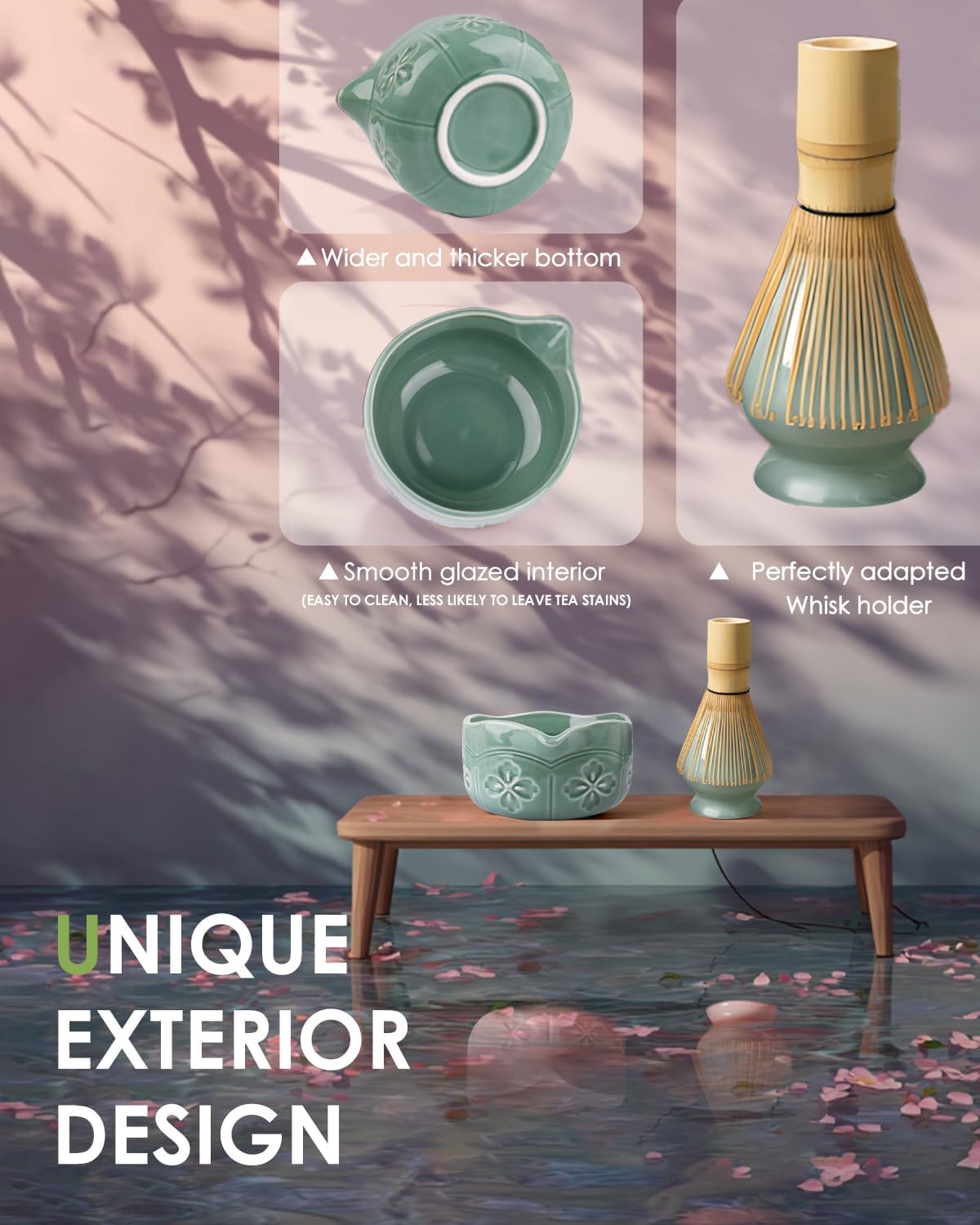 Matcha Whisk Set, Ceramic Matcha Set Includes Matcha Bowl with Spout, Matcha Whisk and Holder, Bamboo Scoop, Sifter and Tea Towel - 6 Pcs Matcha Kit Gift for Matcha Lovers Beginners (Green)