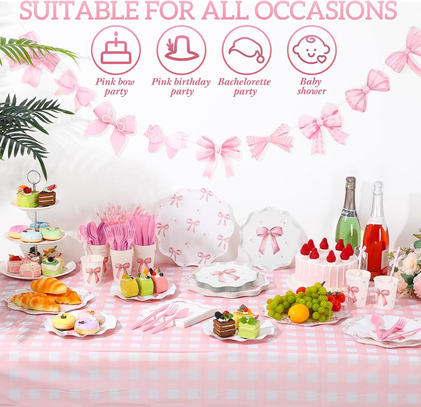 Sawysine 202 Pcs Pink Bow Party Supplies Serve 25 Disposable Dinnerware Set 50 Plates 25 Cups 25 Napkins 25 Plastic Forks 25 Knives 25 Spoons 25 Straw Flag Tablecloth