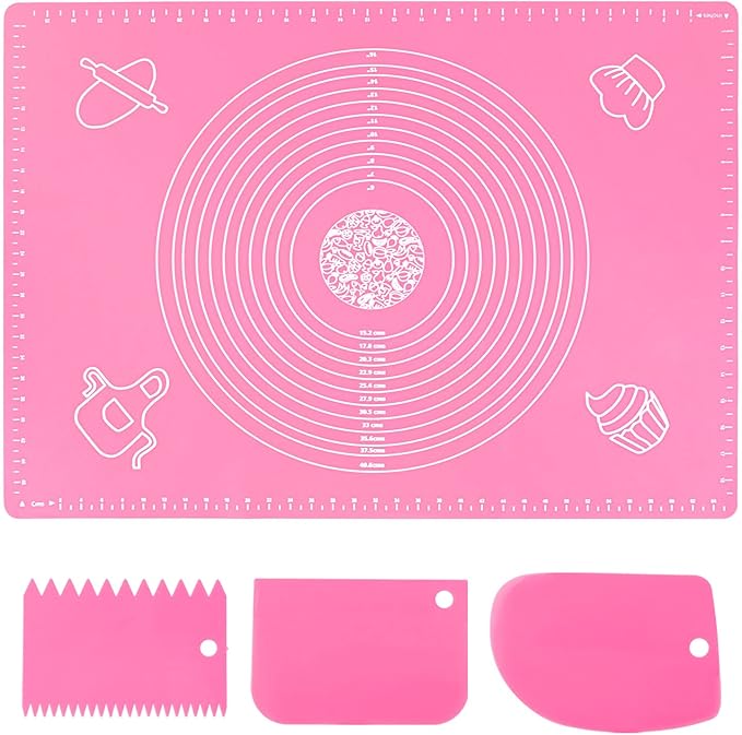 Silicone Pink 70x50cm Baking Mat Sheet Pastry Mat with Measurement, Non-Slip Pastry Rolling Mat, Non-Stick Dough Kneading Board Mat, Bread Fondant Mat, Cooking Bakeware Mat Table Placemat(Scraper)