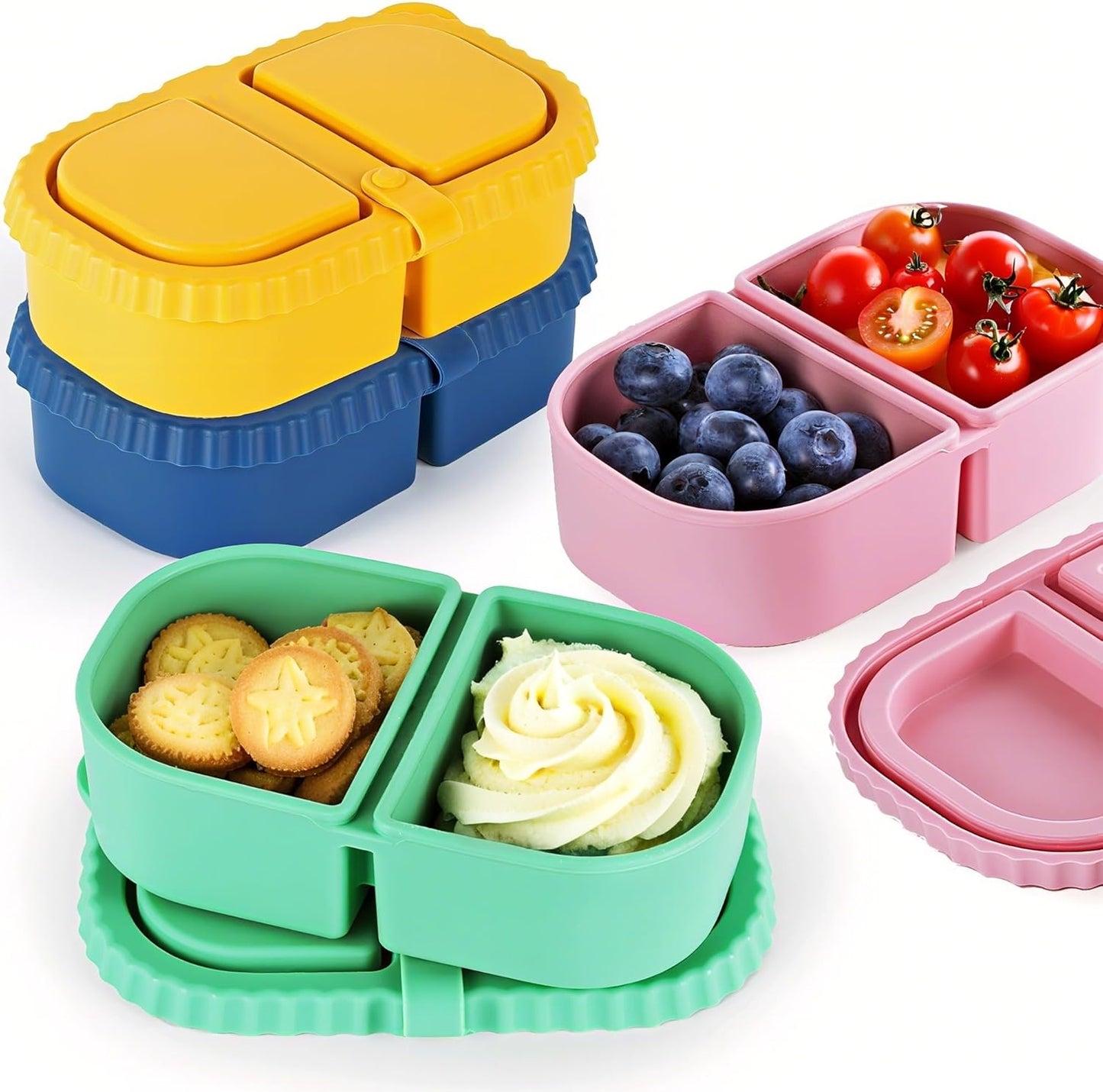 MACTANO 8.5 OZ Silicone Snack Container, 4 Sets Double Compartment Reusable Snack Box with Lids for Sauce