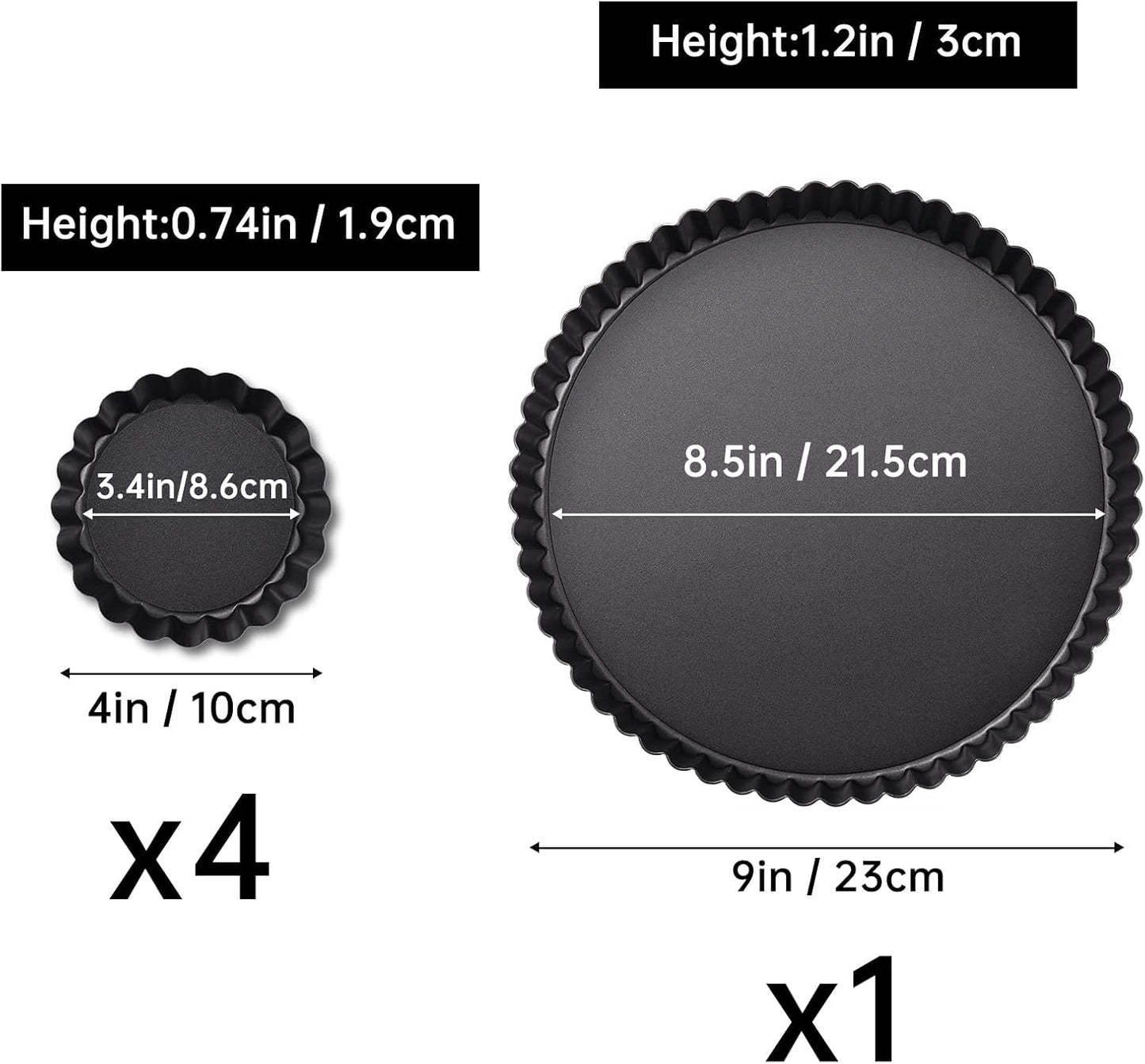 Theuzi 9 in Non-Stick Tart and Quiche Pan with Removable Bottom and 4 Mini Tart Pans 4-inch, Heavy Duty Fluted Side for Pies, Mousse Cakes, Dessert Baking (5 Pack)