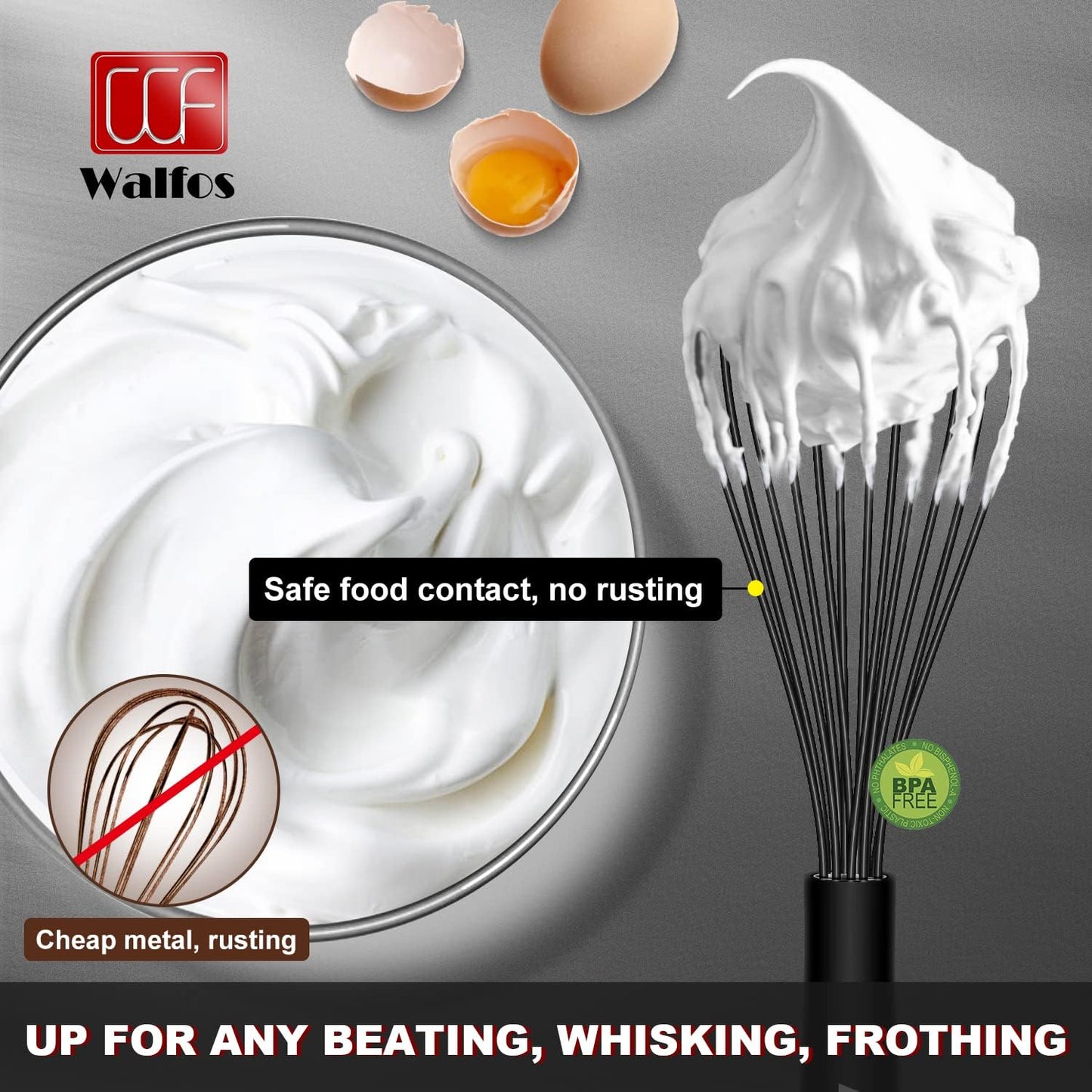 Walfos Whisk Silicone Whisks set, Non Scatch Coated Whisks for Cooking and Baking, Heavy Duty Set of 4 Kitchen Whisk - 11'' Flat Wisk and 7''+10''+12'' Balloon.