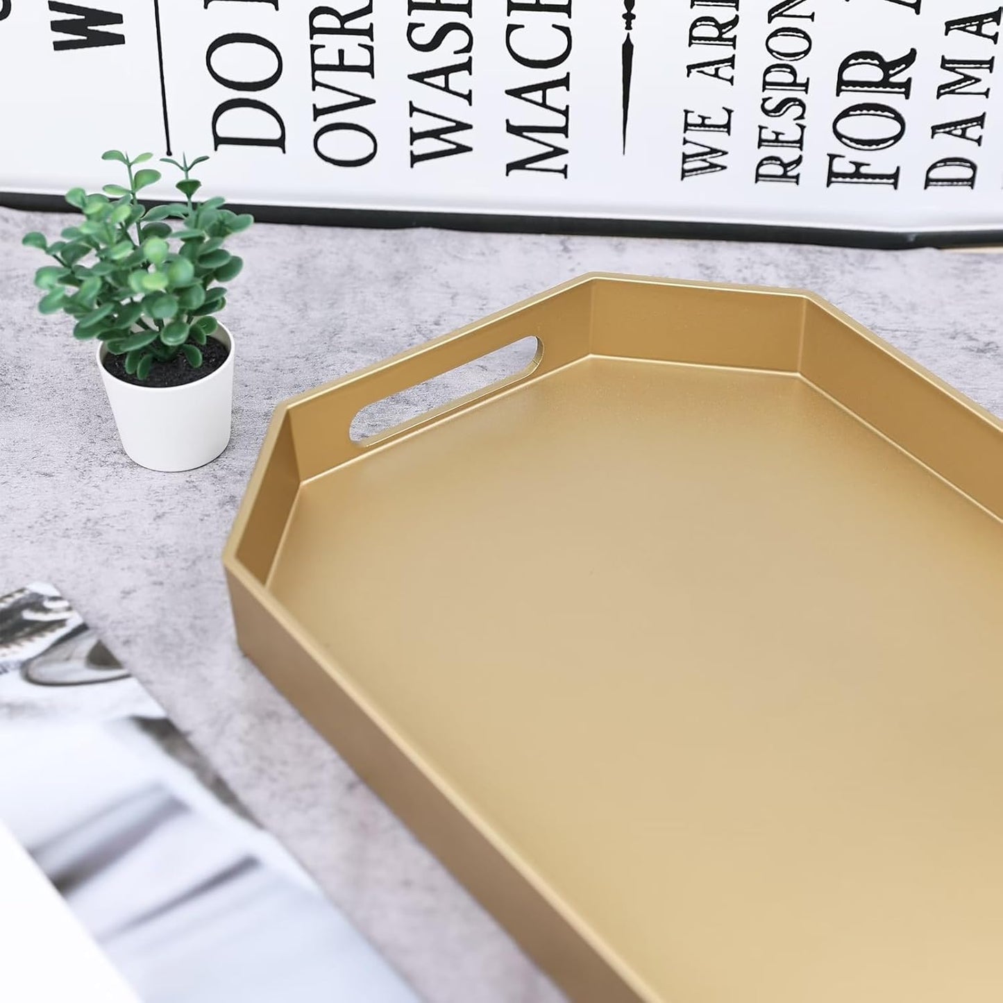 Gold Octagonal Serving Tray with Handles for Coffee Table, Plastic Decorative Tray for Ottoman, Kitchen Counter, Living Room, Outdoor Lacquer Tray for Entertaining