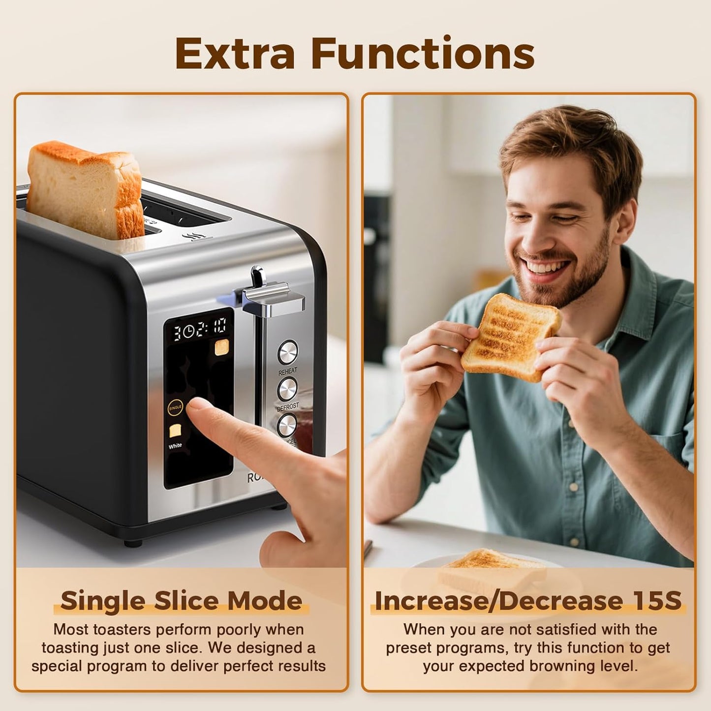 2 Slice Touch Screen Toaster, Stainless Steel Toaster with Wide Slots for Bagels and Bread, Reheat/Defrost/Cancel Functions, Removable Crumb Tray, Matt Black
