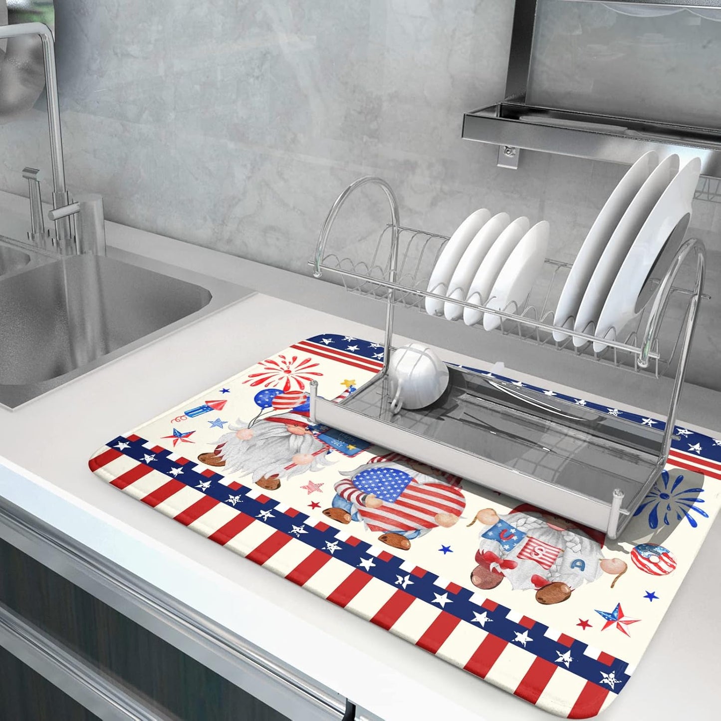 4th of July Drying Mat for Kitchen Counter 18 x 24 in - US Independence Day Patriotic Gnomes Microfiber Large Dish Drainer Mats Protector Pad for Countertop Sinks Dining Table Holiday Decor