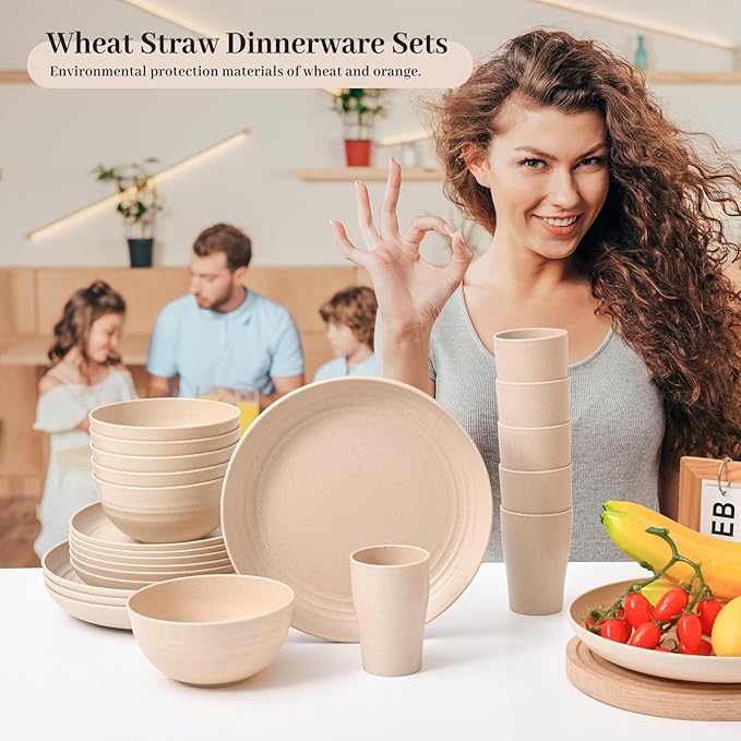 24 - Piece Wheat Straw Dinnerware Set - Plates and Bowls for 6, Unbreakable, Dishwasher & Microwave Safe, Reusable, Lightweight Tableware, Ideal for Camping and Everyday Use (Beige)