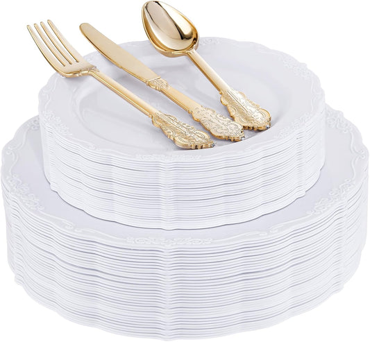 DaYammi 150Pcs White Plastic Plates & Gold Plastic Silverware, White Disposable Plates for Party Include 30 Dinner Platos,30 Dessert Platos,30 Golden Knives,30 Gold Forks,30 Spoons for Wedding Party