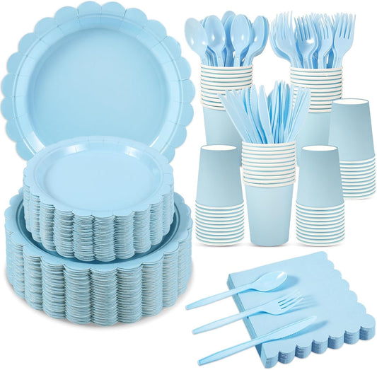 350 Pcs Light Blue Paper Plates and Napkins, Blue Party Supplies Include Light Blue Scalloped Plates Napkins Cups Plastic Spoons Forks Knives for Baby Shower,Wedding,Birthday