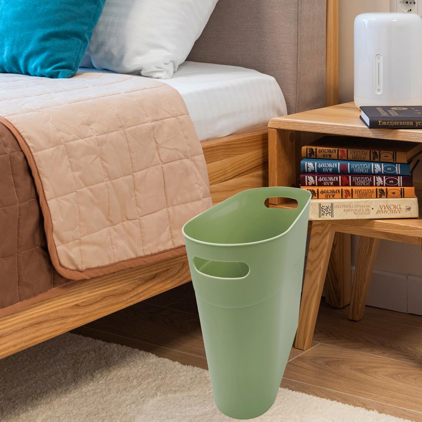 Small Trash Can Plastic Bathroom Wastebasket 3.2 Gallon Slim Garbage Container Bin with Handle for Home Kitchen Bathroom Bedroom Office, 2 Pack (Green)