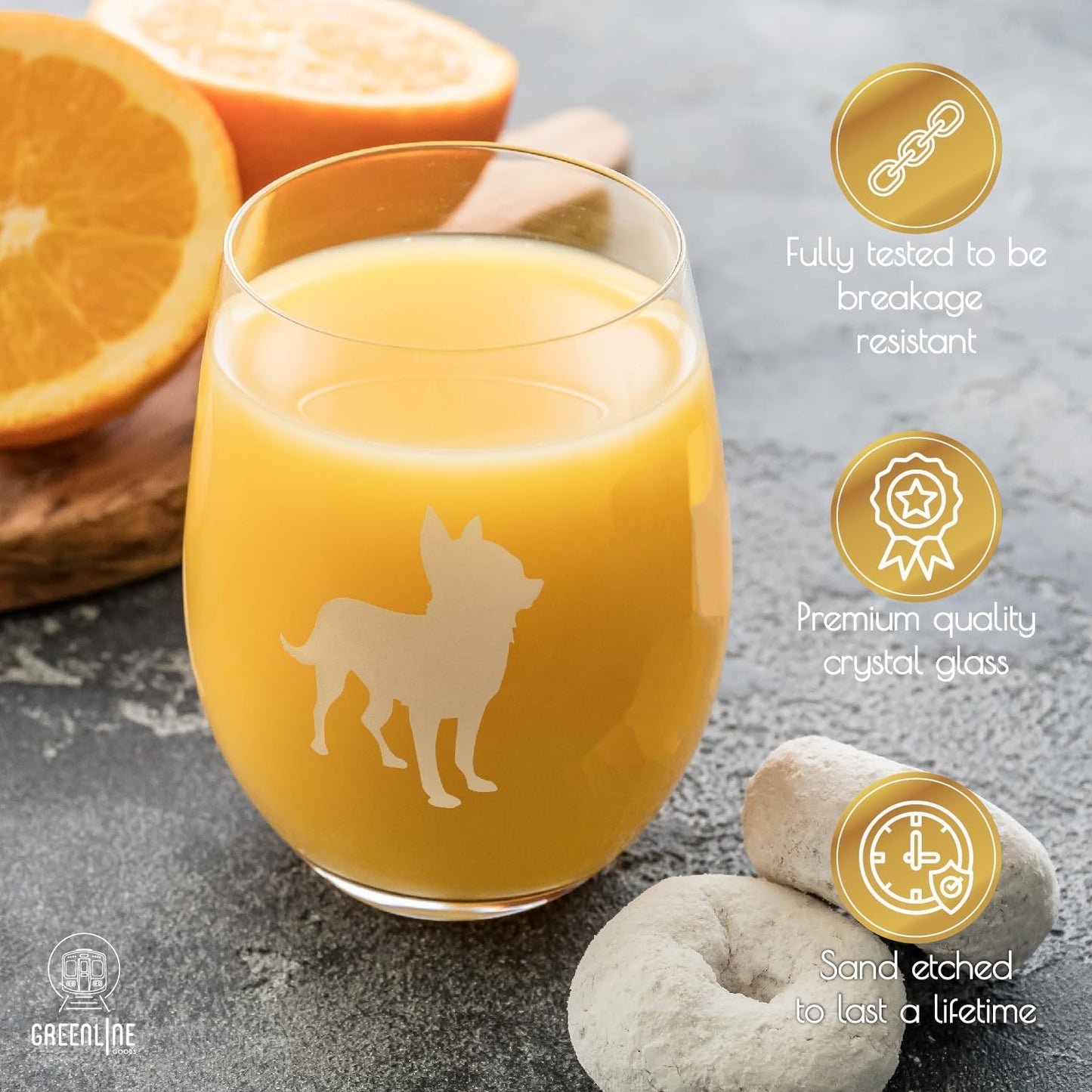 Chihuahua Stemless Wine Glasses (Set of 2) | Unique Gift for Dog Lovers | Hand Etched with Breed Name on Bottom