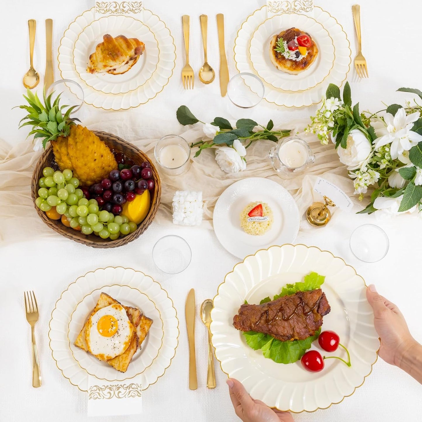 YOUBET 175PCS Ivory Scalloped Plastic Plates - Gold Disposable Dinnerware Set Include 50 Plates, 75 Gold Silverware, 25 Cups, 25 Napkins for Party & Wedding & Thanksgiving