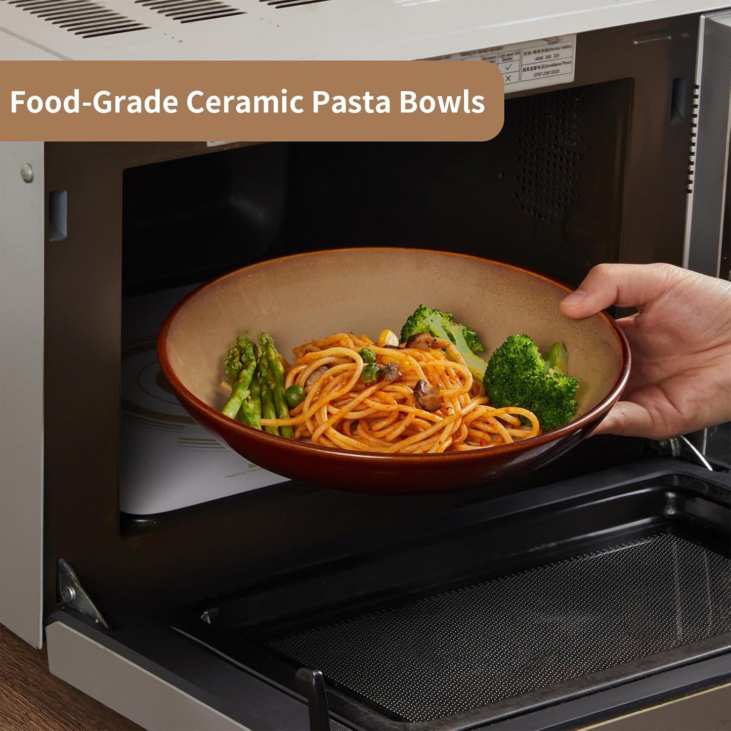 Ceramic 32 Oz Pasta Bowls, 8.75 Inch Reactive Glaze Pasta Bowl Set of 4, Microwave & Dishwasher Safe, Large Wide Serving Bowls for Salad, Dessert, Soup, Fruit, Brown and Yellow