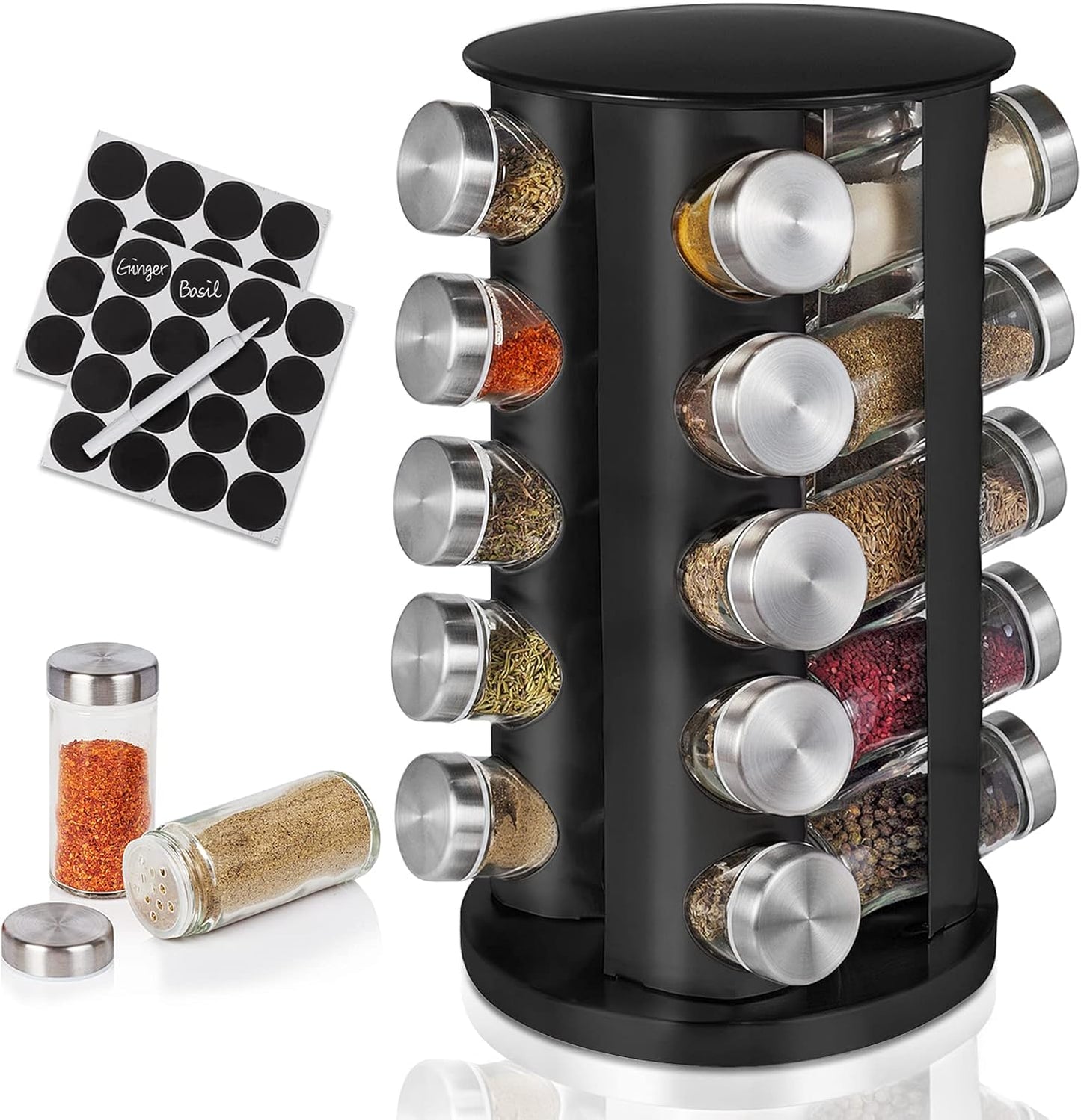 Baker Boutique Spice Rack, Spice Organizer for Countertop, Empty 20-Jars Rotating Rack, Spinning flavoring Rack Shelf, Revolving rack for Kitchen (Black)