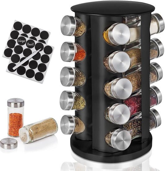 Baker Boutique Spice Rack, Spice Organizer for Countertop, Empty 20-Jars Rotating Rack, Spinning flavoring Rack Shelf, Revolving rack for Kitchen (Black)