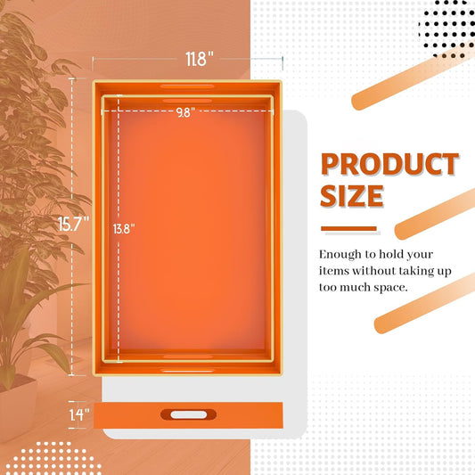 MAONAME Orange Serving Trays Set of 2, Plastic Decorative Trays with Handles, Rectangular Coffee Table Trays for Ottoman, Nesting Trays for Living Room, Bedroom