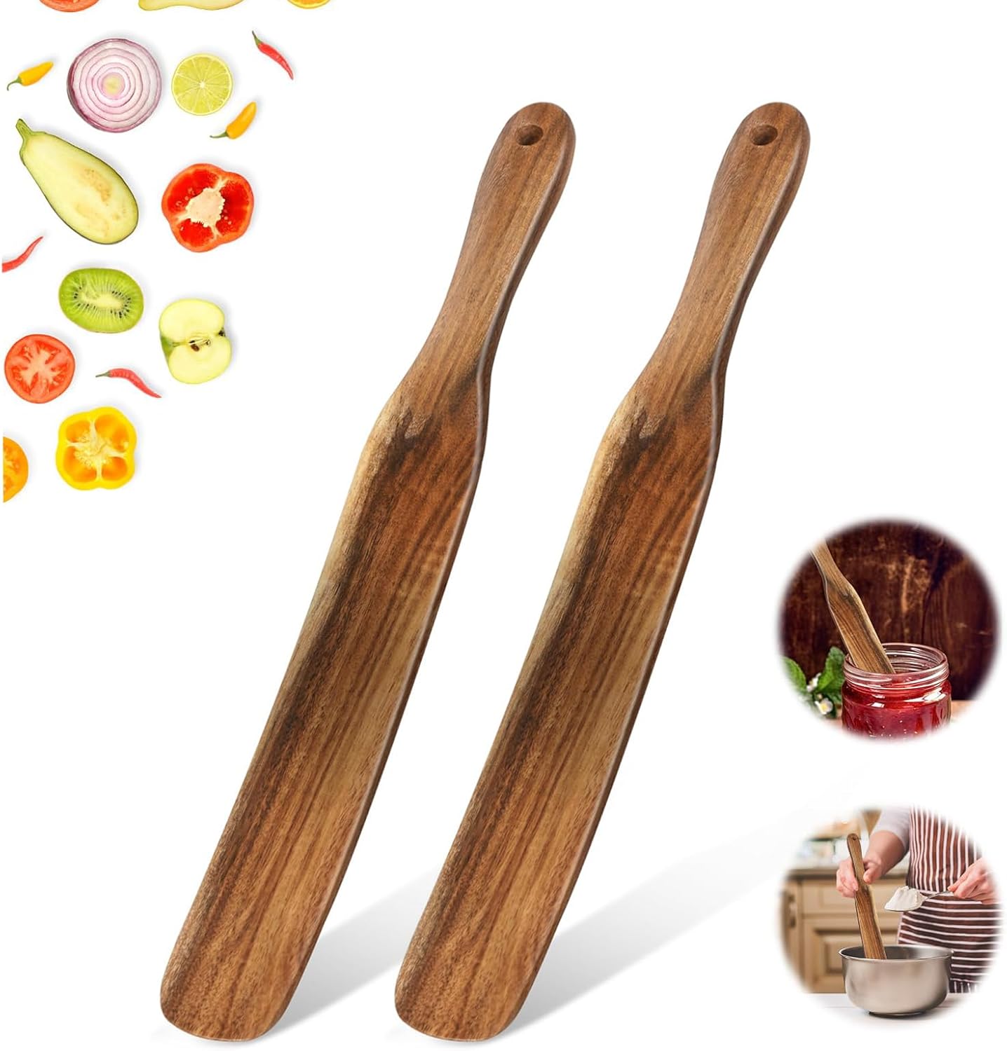 2 Pack Spurtle for Sourdough Starter, Spreading, Cooking, Mixing, Reaching Bottom of Jar, Kitchen Utensils, Spurtles Kitchen Tools Wooden Kitchen Utensils for NonStick Cookware