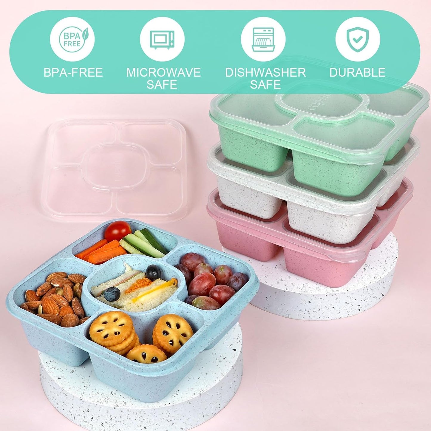 Caperci Original Bento Snack Box and Lunchable Containers for Kids & Adults - 5 Compartment Food Storage Containers for Snacks and Meals, Wheat Straw, BPA-Free, Set of 4 (Multicolor & Clear Lids)
