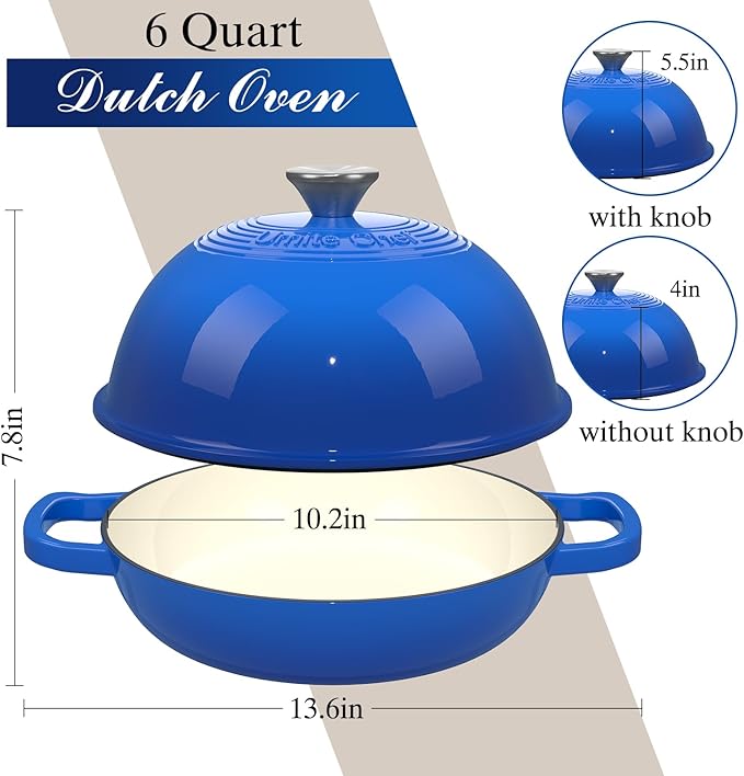 Enamelled Cast Iron Dutch Oven Pot – Dutch Oven Pot with Lid For Sourdough Bread Baking – Cast Iron Bread Oven – Dark Blue, Umite Chef 6QT Pot with Lid & Cotton Potholders