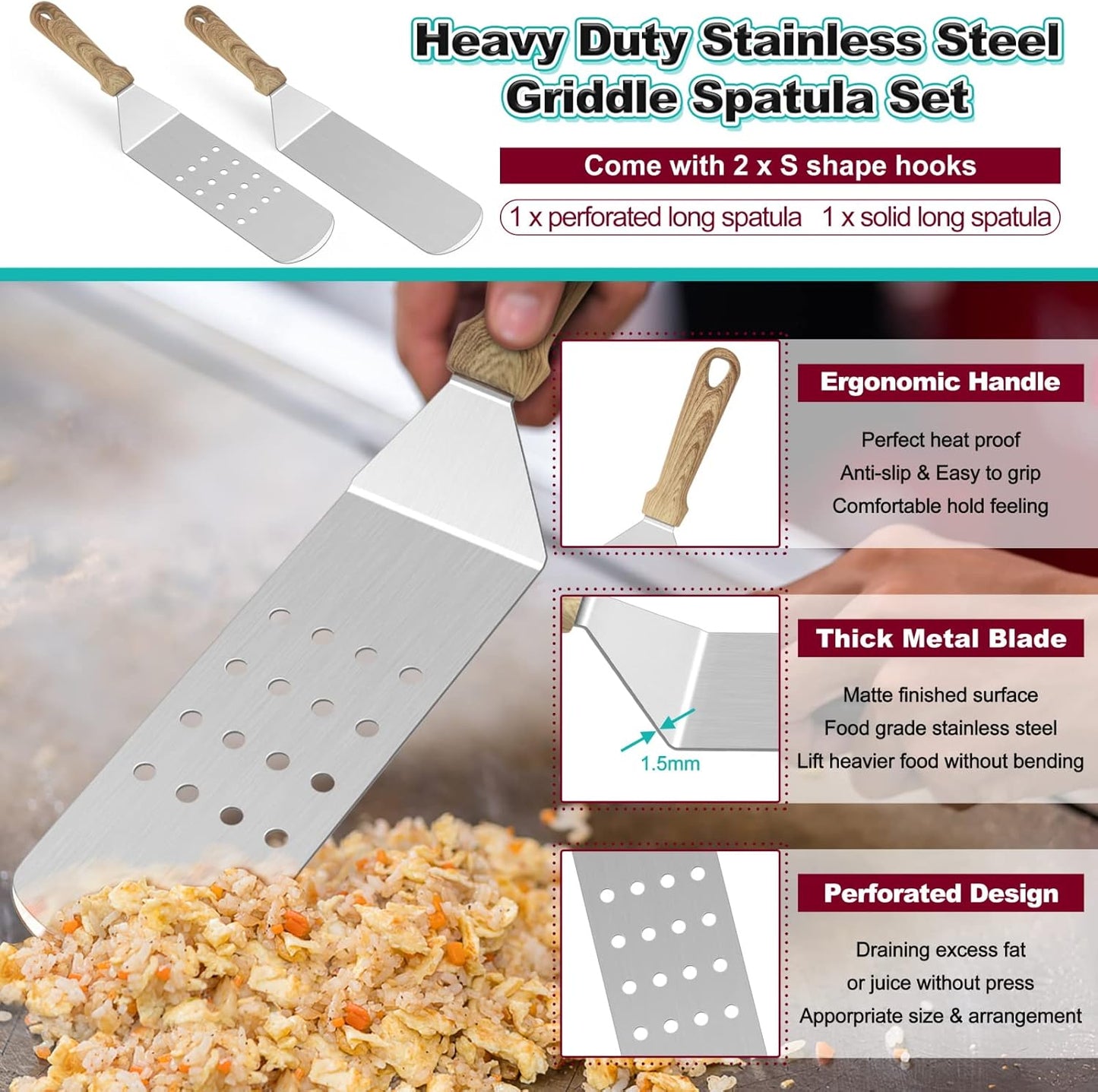 Metal Spatula Set of 2, HaSteeL Heavy Duty Stainless Steel Teppanyaki Tools, 14.5 Inch x 2.8 Inch, Griddle Accessories for Flat Top Grill Hibachi Indoor & Outdoor, Long Burger Turner Flipper