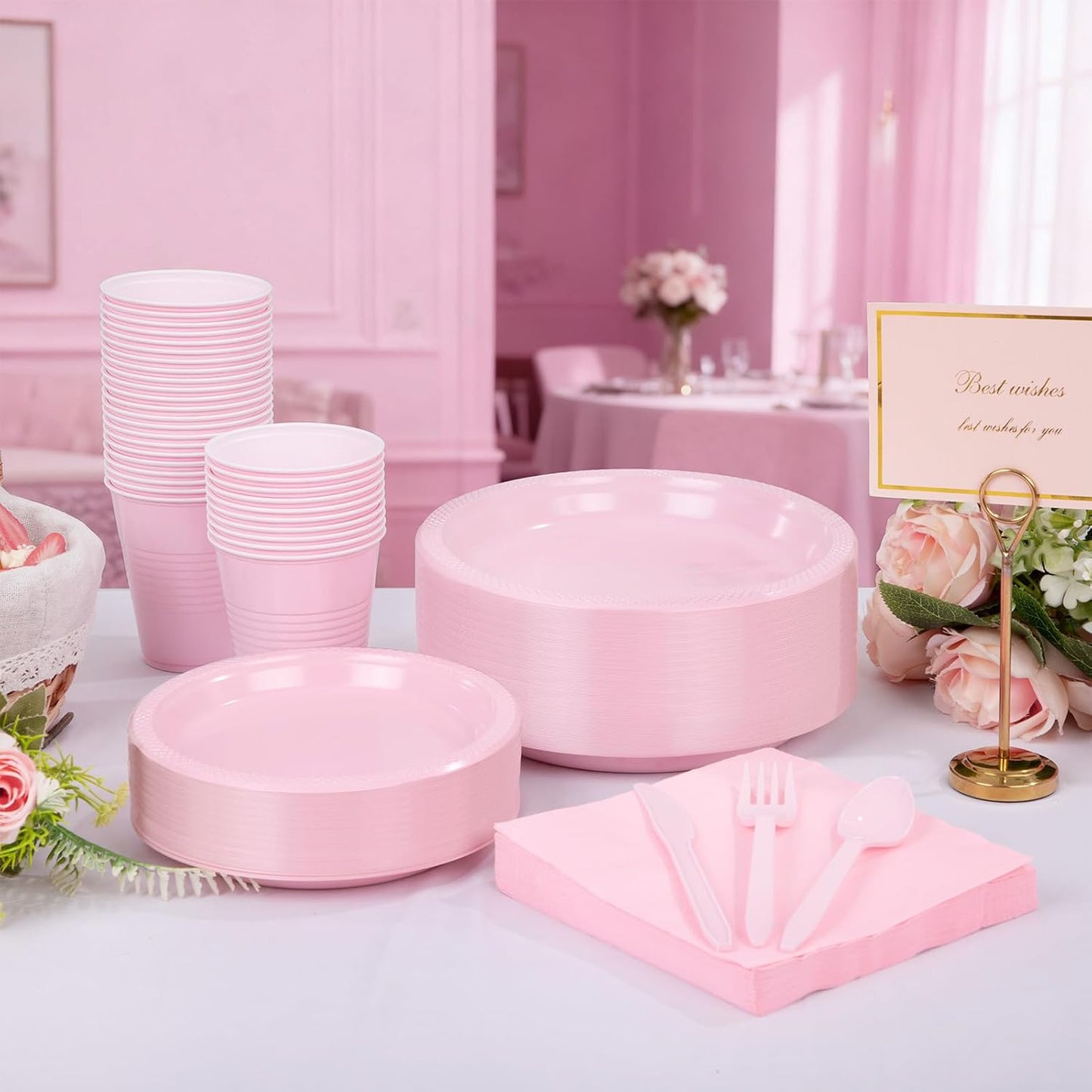 WELLIFE 210 Pieces Pink Party Supplies, Disposable Dinnerware Set, Including Pink Plastic Plates, 16OZ Cups, Plastic Cutlery and Napkins Serve 30 Guests for Party