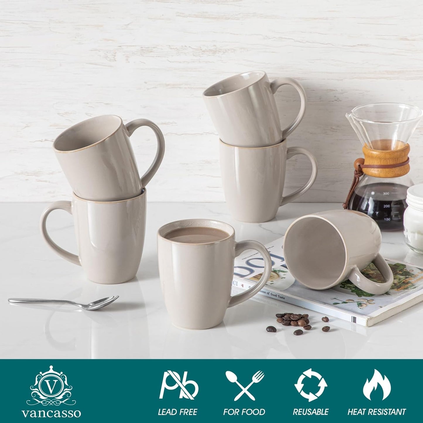 vancasso PLAYA Ceramic Coffee Mug Set of 6, 16 Oz Tea Cups with Handle for Latte, Tea, Cappuccino, Milk, Cocoa, Microwave&Dishwasher Safe, White