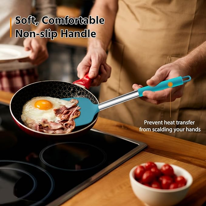 Silicone Spatula Set of 2, E-far Solid & Slotted Turner for Nonstick Cookware, Heat Resistant Rubber Kitchen Cooking Utensils for Flipping Fish Pancake Egg - Teal Blue