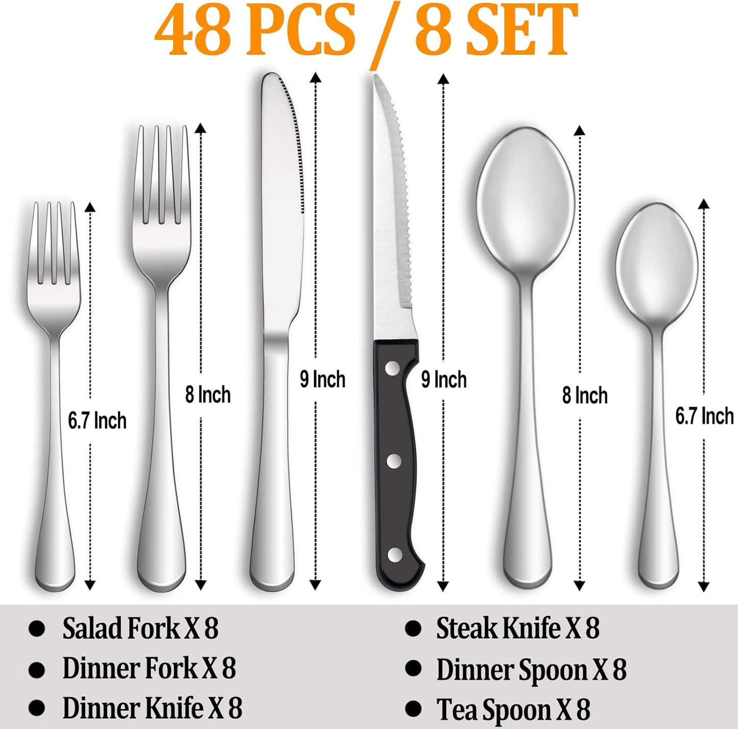 48 Pcs Silverware Set with Steak Knives Service for 8,Stainless Steel Flatware Set,Mirror Polished Cutlery Utensil Set,Home Kitchen Eating Tableware Set,Include Fork Knife Spoon Set,Dishwasher Safe