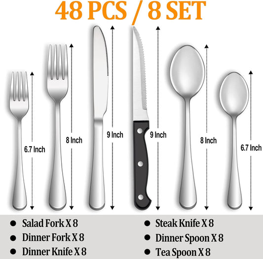 48 Pcs Silverware Set with Steak Knives Service for 8,Stainless Steel Flatware Set,Mirror Polished Cutlery Utensil Set,Home Kitchen Eating Tableware Set,Include Fork Knife Spoon Set,Dishwasher Safe