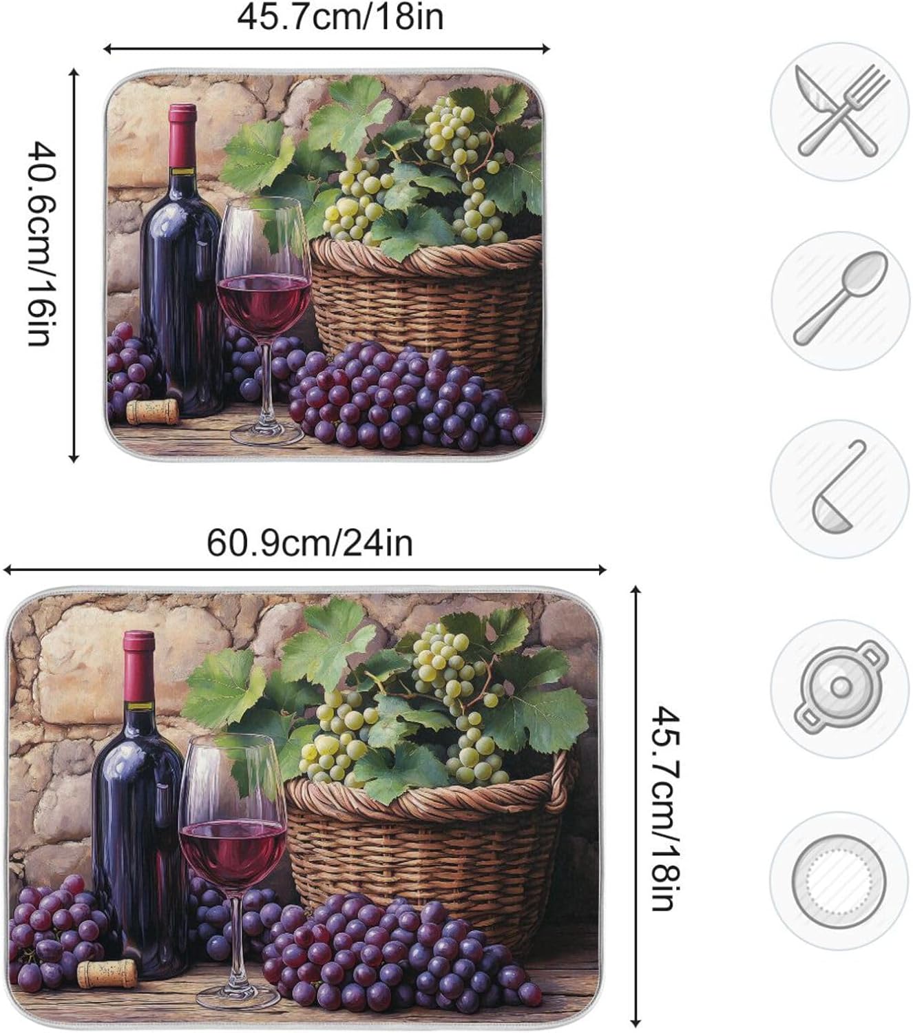 Wine Bottle Wine Glass Grapes Dish Drying Mat for Kitchen Counter Super Absorbent Dishes Pad Reversible Microfiber Protector Dish Draining Mats 18x24 inch
