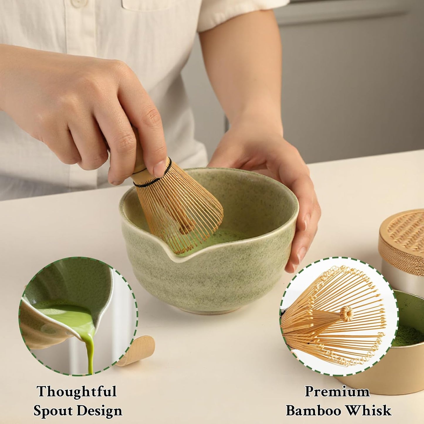 Matcha Whisk Set - Ceramic Matcha Set Includes Matcha Bowl, Whisk and Holder, Bamboo Scoop, Scoop Rest, Sifter and Tea Towel - 7 Pcs Ceremonial Gift Kit for Matcha Lovers (Green)