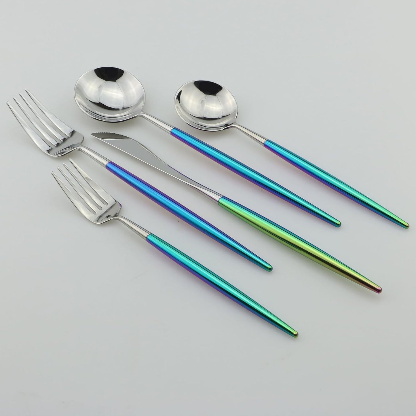 5-Piece Coloful Rainbow Handle Silver Flatware Set, Mirror 18/10 Stainless Steel, Service for 1