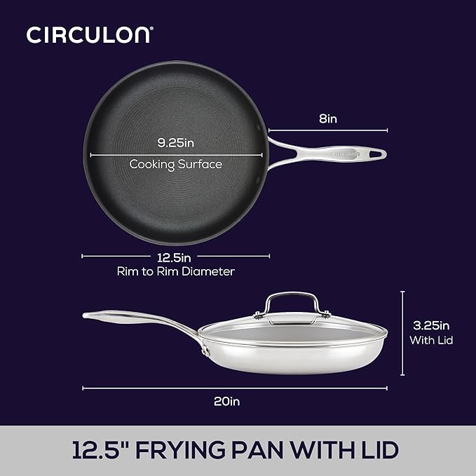 Circulon C1 Series Clad Stainless Steel with ScratchDefense Technology Cookware Nonstick Induction Frying Pan/Skillet with Lid, Metal Utensil Safe, 12.5 Inch Fry Pan - Polished Stainless Steel