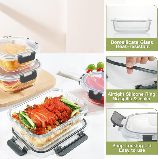 BAYZZ 30 Piece Glass Food Storage Containers Set, Glass Meal Prep Containers with Lids, Airtight Lunch Box, BPA-Free, Microwave, Freezer & Dishwasher Safe