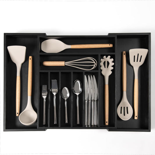KitchenEdge Premium Silverware, Flatware and Utensil Organizer for Kitchen Drawers, Food-Safe Contract Grade, Expandable from 14.5 to 25 In, Black Bamboo