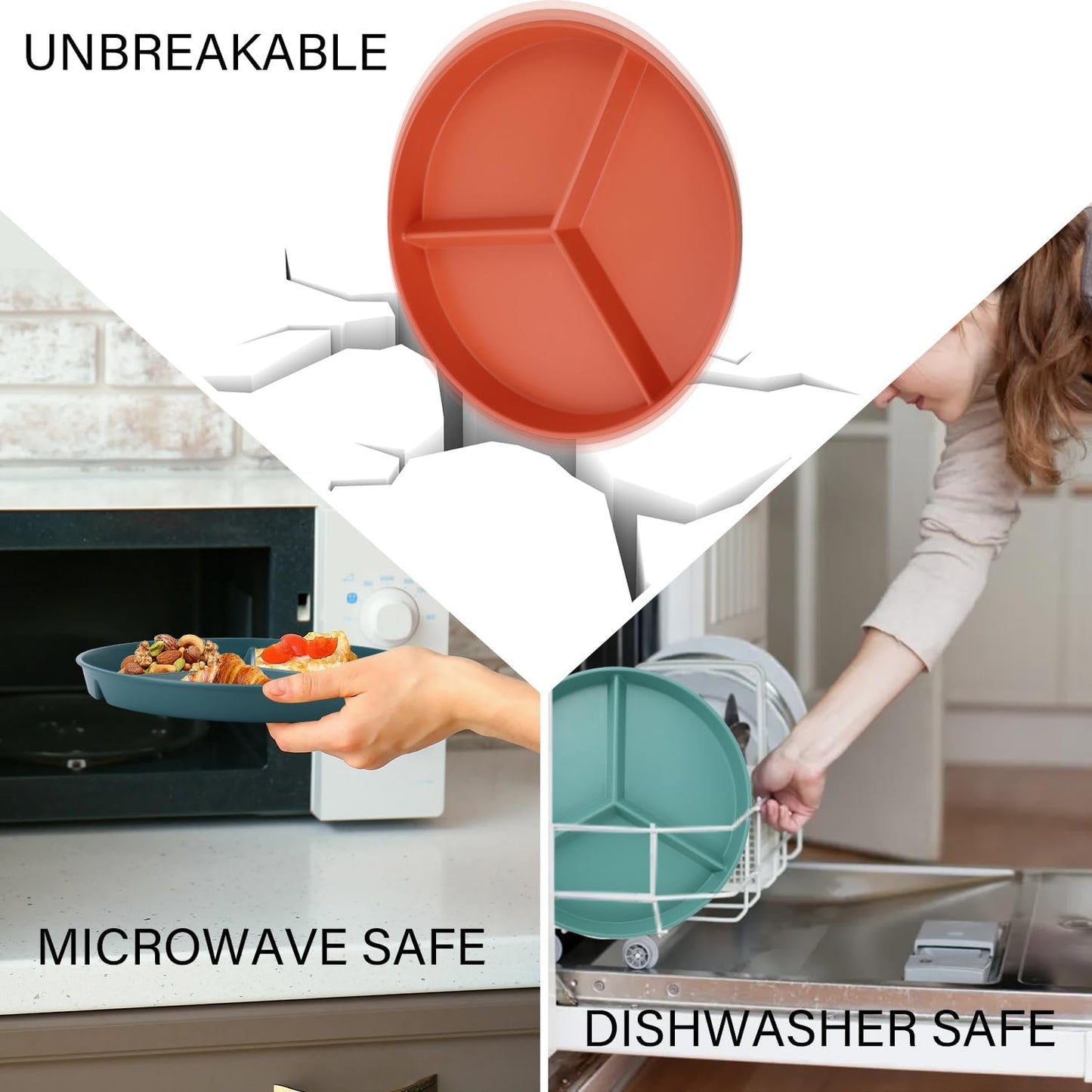 9.5 Inch Divided Plates Portion Control Plates 8 Pcs, Wheat Straw Dinner Plates, Microwave & Dishwasher Safe Bariatric Plate for Portion Control (Multicolor)